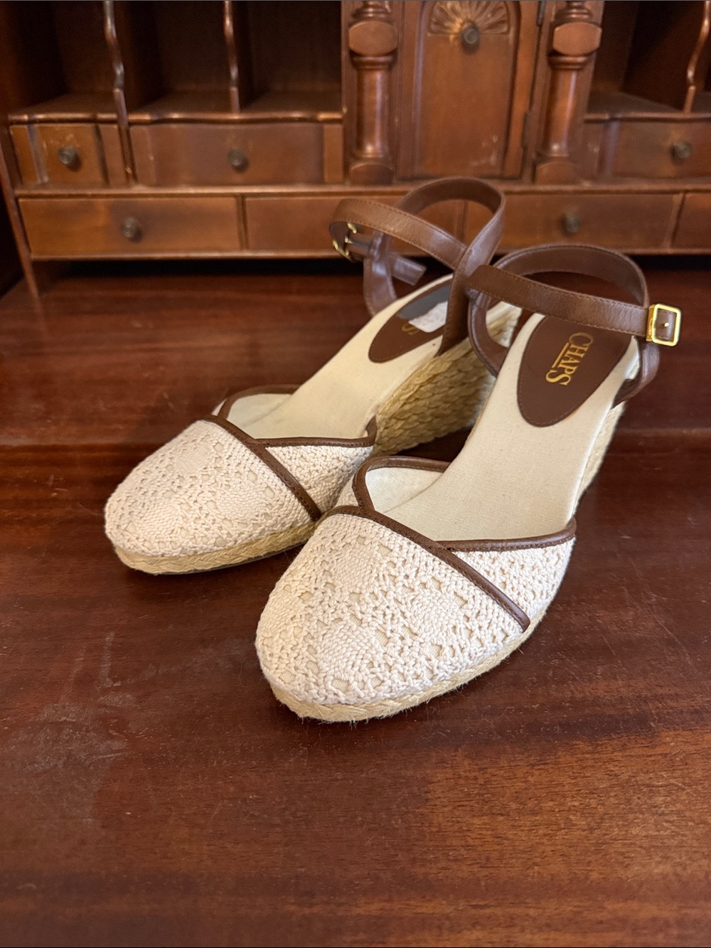 Chaps Cream Crochet Espadrille Wedge Sandals with Brown Ankle Straps